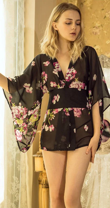 women's pajamas for all-night comfortBlack Elegant Sheer Floral Robe