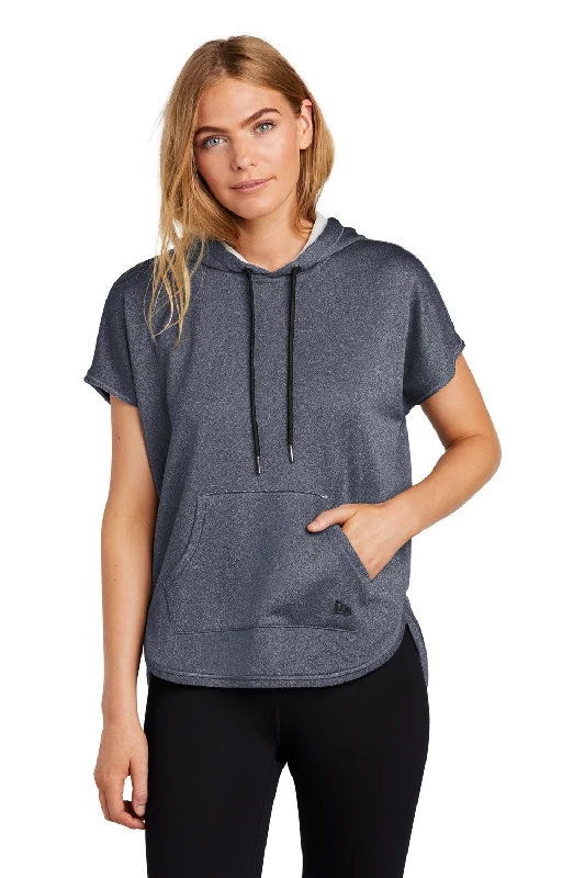 Women's Hooded Sweatshirts with PocketsNew Era Womens Performance Terry Short Sleeve Hooded Sweatshirt Hoodie w/ Pouch Pocket - Heather True Navy Blue