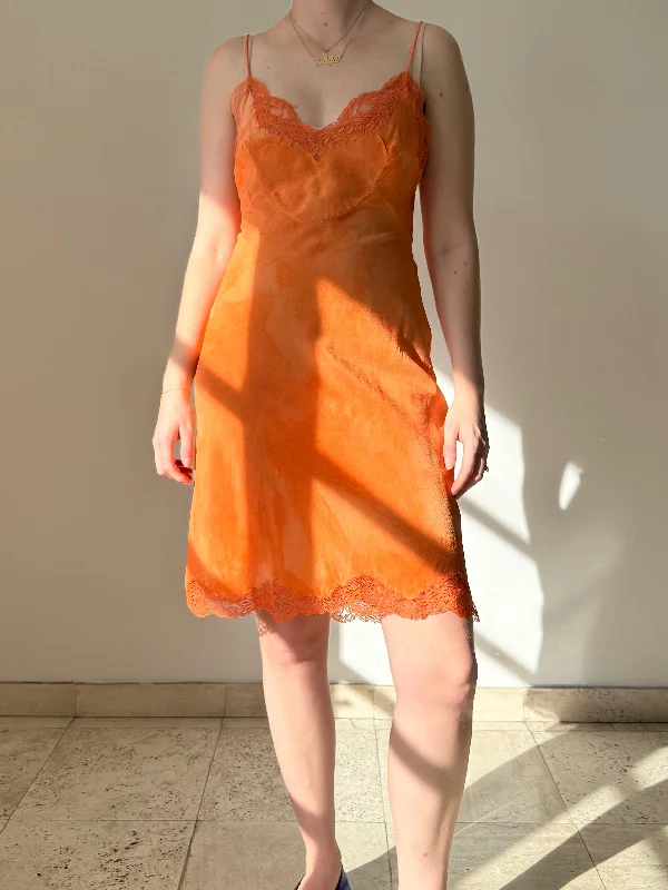 women's pajamas with a touch of eleganceHand Dyed Orange Spaghetti Strap Silk Short Slip