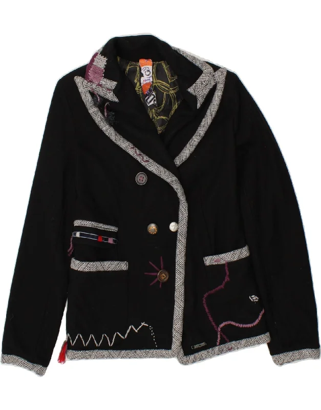 Women's Coats with Fur LiningDESIGUAL Womens Double Breasted Coat EU 40 Medium Black Patchwork Wool