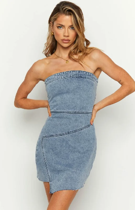 Women's U-Back DressesJasmine Mid Wash Denim Wrap Front Mini Dress