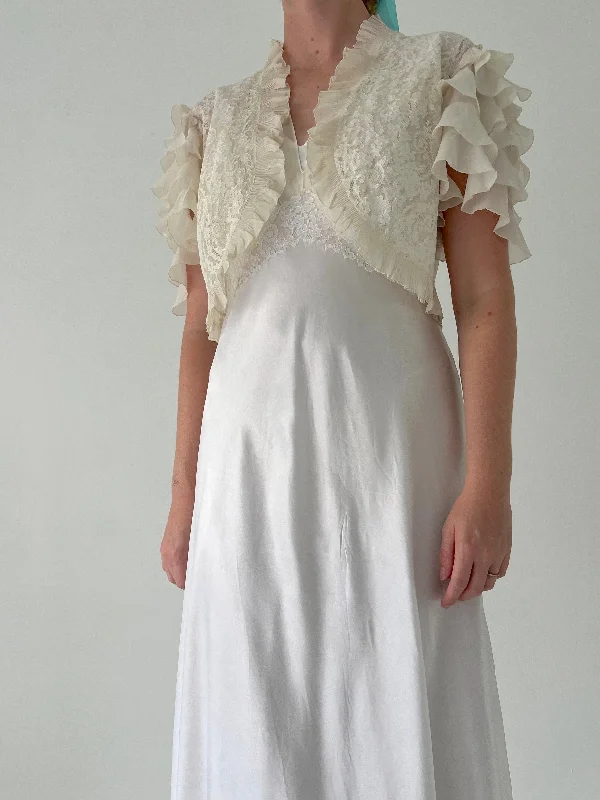 women's pajamas with an elasticized cuffsHandmade 1930's Off White Silk Slip and Ruffle Bolero Set with White Lace