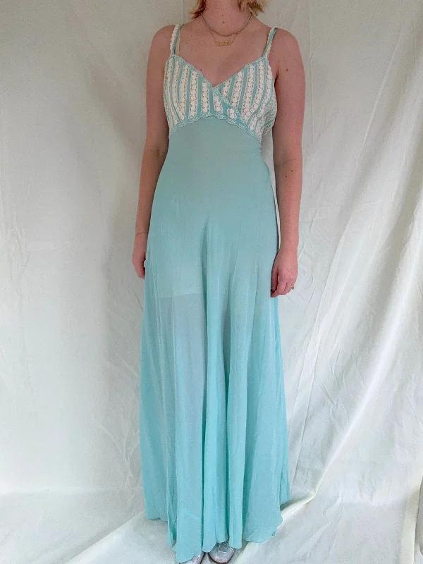 women's pajamas for those who love to indulge1930's Turquoise Silk Slip with White Lace