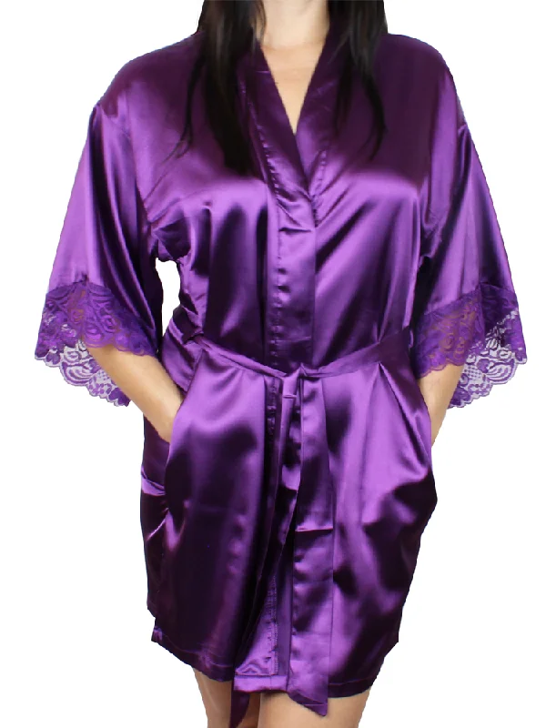 women's pajamas for a good night's sleepWomen's Satin Kimono Short Robe with Lace Trim Sleeves