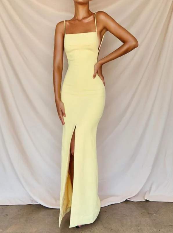 Women's Sweetheart-Neck DressesSexy Yellow Prom Dresses with Side Slit ,Evening Party Dresses    S2107