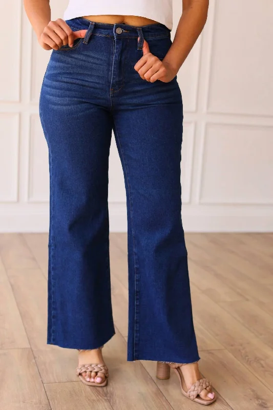 Women's JodhpursThe Dakota High Rise Wide Leg With Fray Hem Denim In True Blue