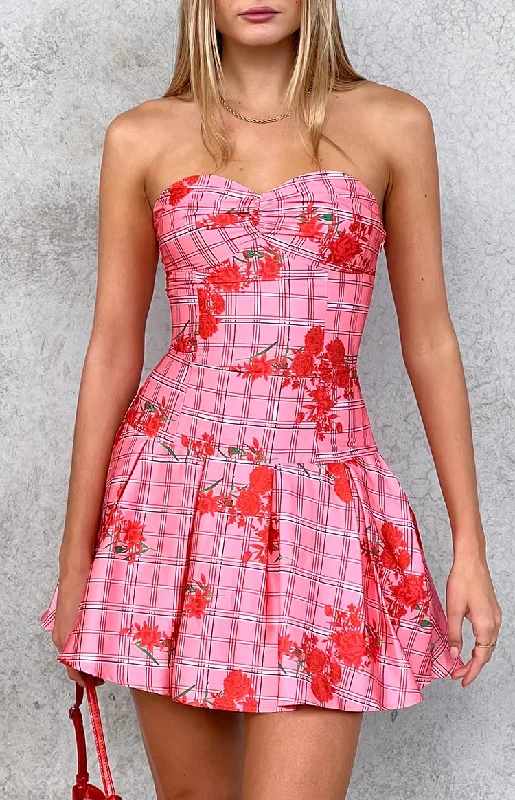 Women's High-Low DressesBlu Pink Floral Strapless Mini Dress