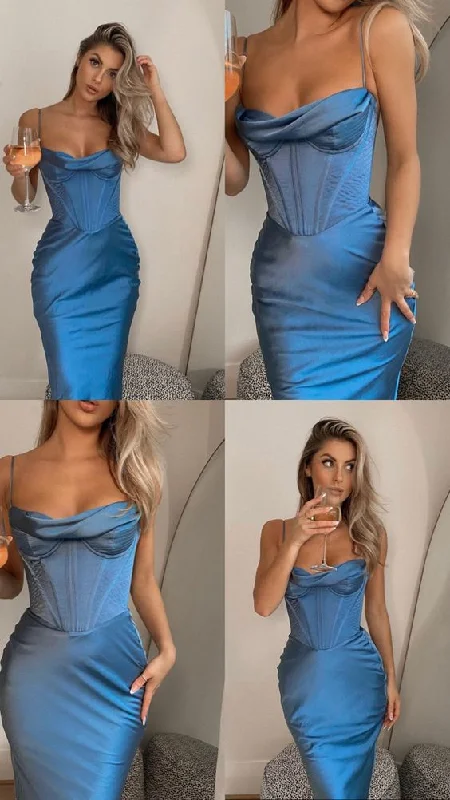 Women's Shirt Collar DressesBlue Simple Long Party Formal Prom Dresses for Girls     S2263