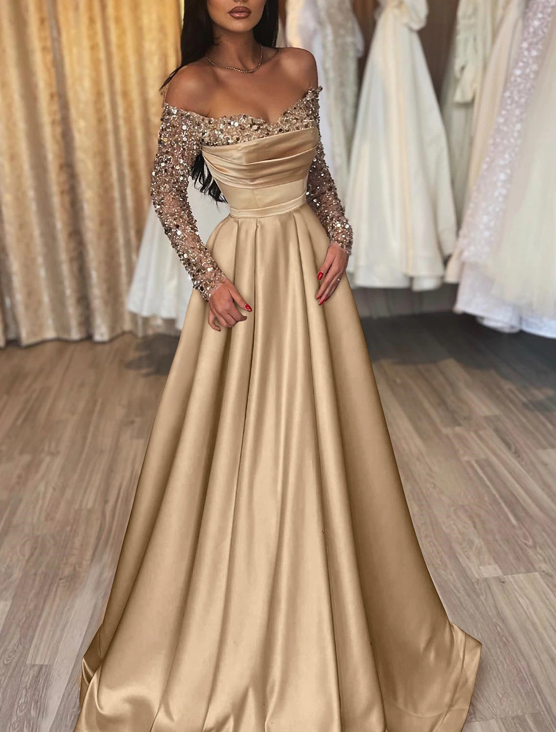 Women's Narrow Collar DressesBall Gown Party Dress Evening Gown Party Dress Hot Dress Engagement Wedding Reception Sweep / Brush Train 3/4 Length Sleeve Off Shoulder Satin with Sequin