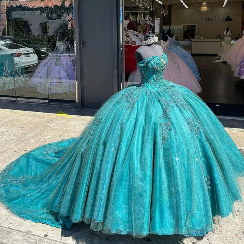 Women's Sweetheart Collar DressesGreen Sweet 16 Quinceanera Dresses Beaded Appliques Off Shoulder Party Ball Gown     S1671