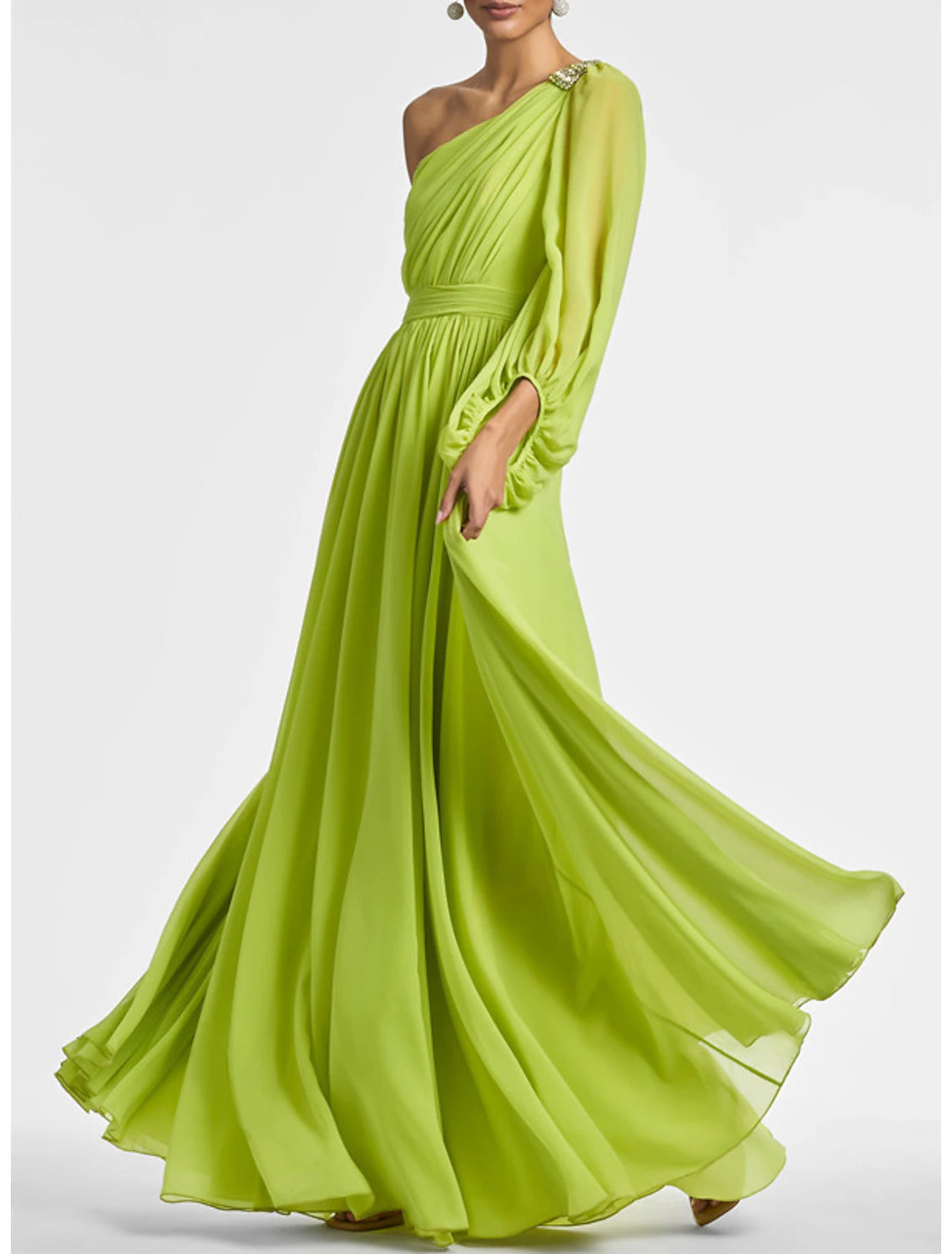 Women's Boat-Neck DressesA-Line Evening Gown Elegant Dress Formal Wedding Party Floor Length Long Sleeve One Shoulder Fall Wedding Guest Chiffon with Ruched