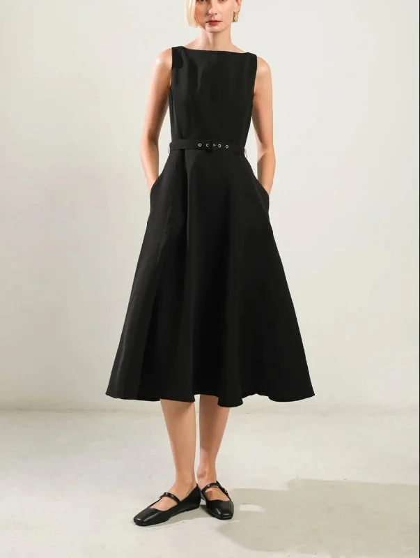 Women's Lapel Collar SkirtsEvening Dress Featuring Boat Neckline Sleeveless Full Skirt Self Belt Side Pocket Elegant Black Formal Dress