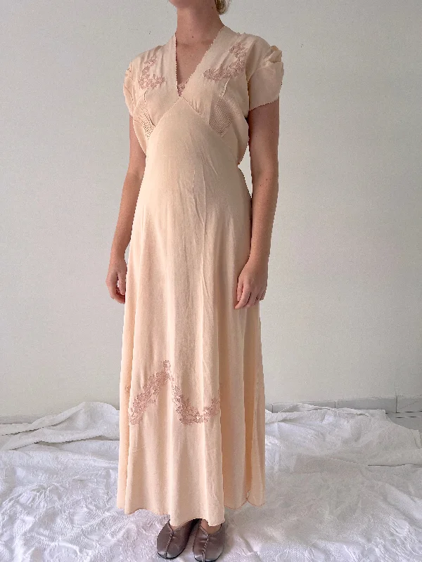 women's pajamas for a good night's sleepHandmade 1930's Pink Silk Slip with Cap Sleeve and Floral Inserts