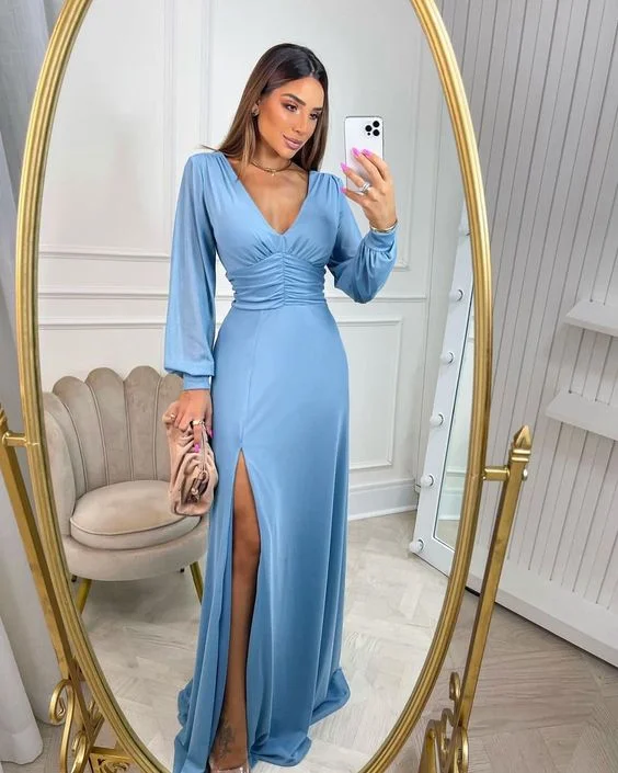 Women's Mandarin-Neck DressesSexy Blue Prom Dress, Evening Party Gown    S1992