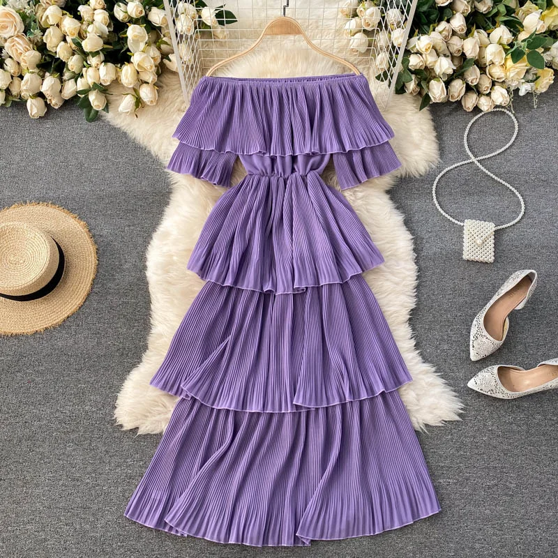 Women's Cut-Out DressesSpring Party Dress Women Off Shoulder Layer Ruffles Slim Chiffon     S550