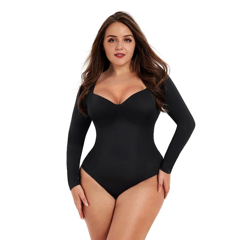 waist and hip shaper for curvesBodysuit Shapewear - Black - Deep V-Neckline - Long Sleeve