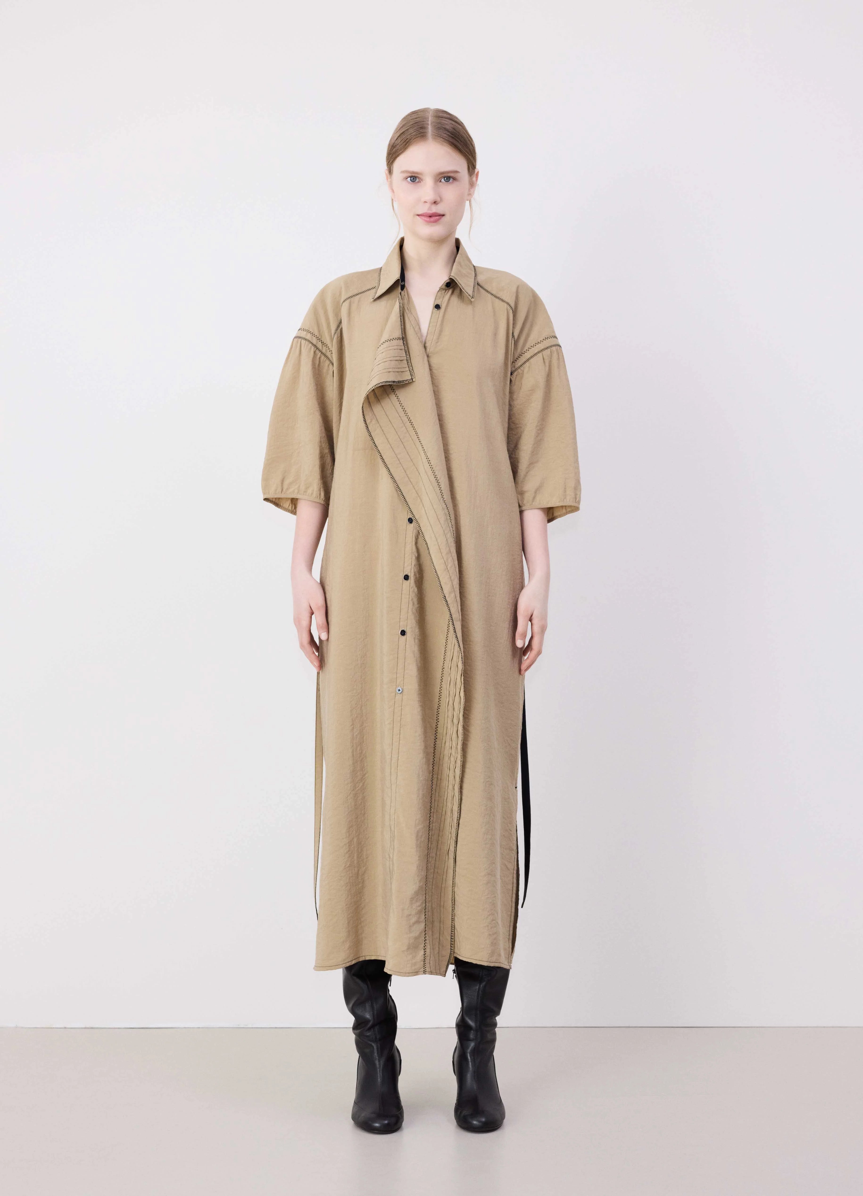 Women's U-Shaped-Neck DressesEMBROIDERED ASYMMETRICAL SHIRT DRESS