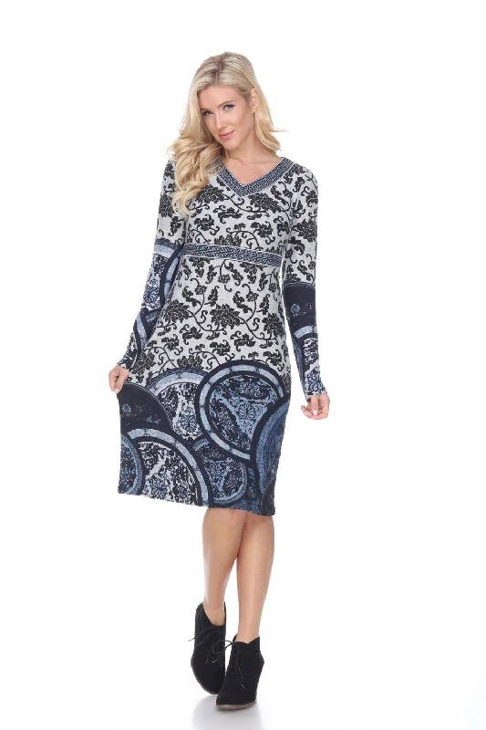 Women's Collarless Neck SweatersNaarah Embroidered Sweater Dress In Blue