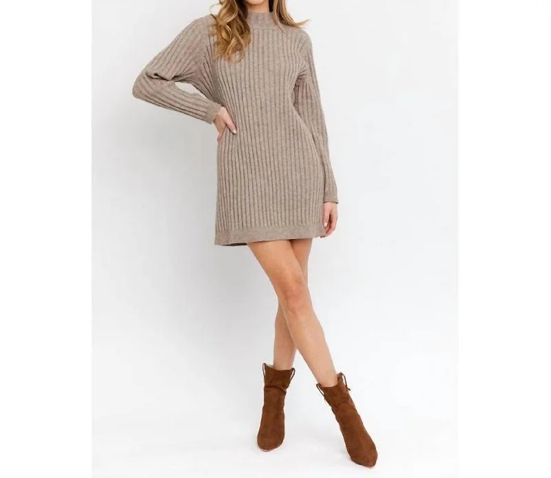 Women's Longline SweatersHigh Neck Knitted Sweater Dress In Mocha