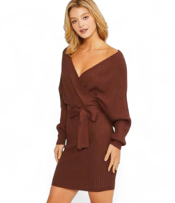 Women's Russian Wool SweatersOff Shoulder Belted Sweater Dress In Brown