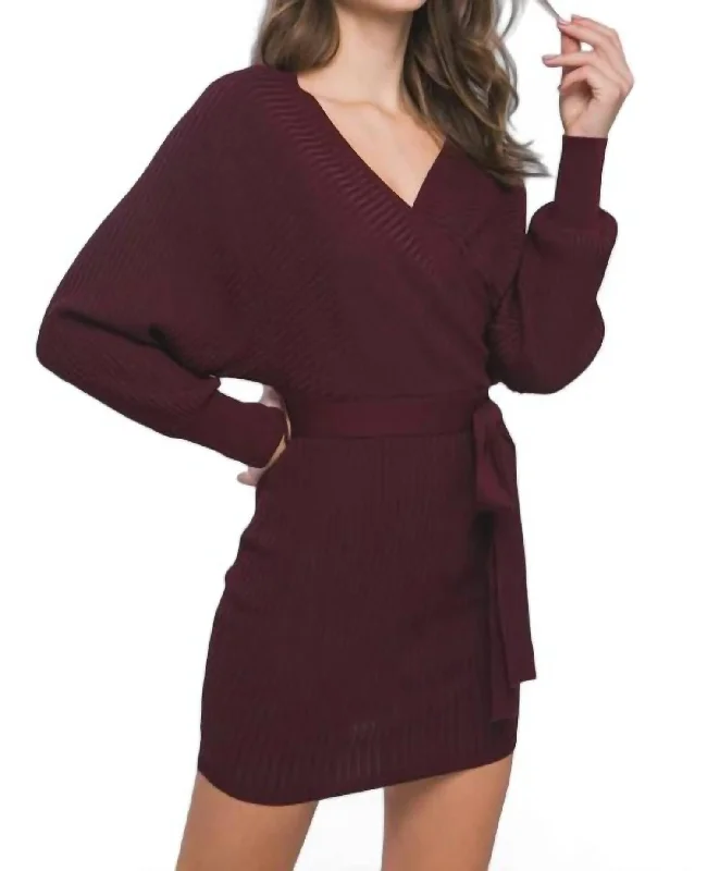 Women's Estonian Wool SweatersOff Shoulder Belted Sweater Dress In Wine