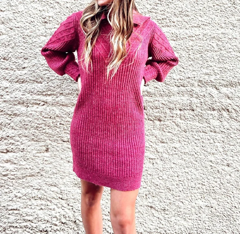 Women's Notched Collar SweatersSweater Dress In Cranberry