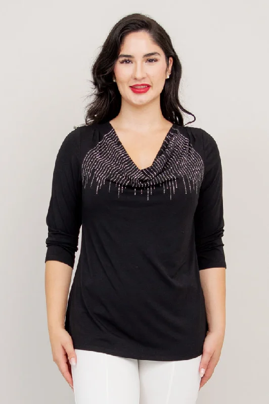 Women's Blouse with V-Shaped CollarCharisse 3/4 Slv Top, Black Diamond, Bamboo