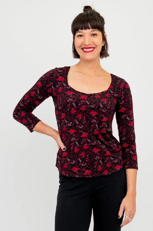 Women's Blouse with High CollarRitzy 3/4 Slv Top, Red Life, Bamboo