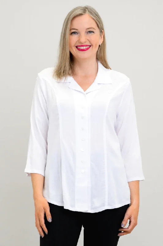 Women's Blouse with PleatsSamantha Top, White, Linen Bamboo